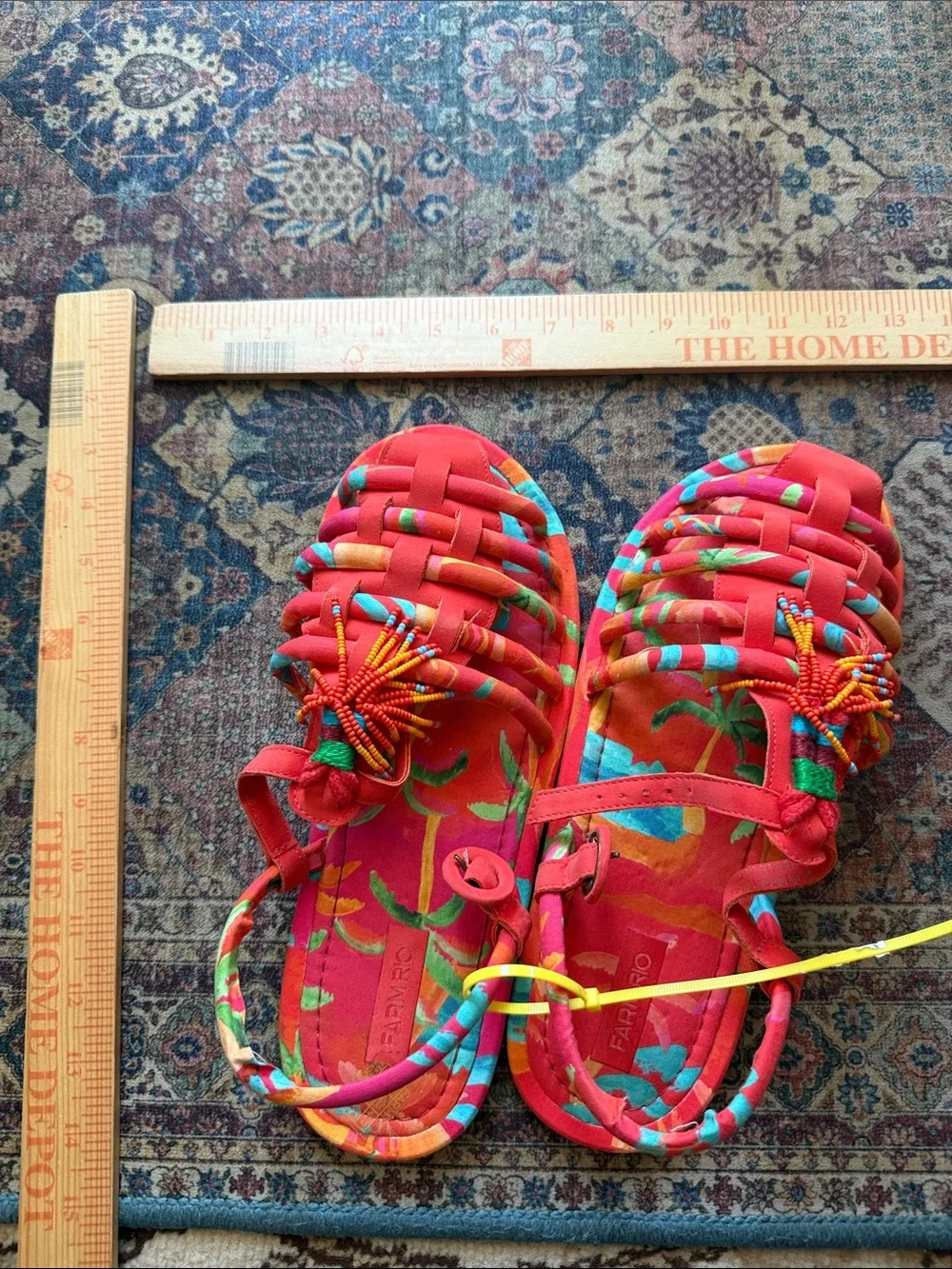 FARM Rio Red Multicolor Braided Bead-Tassel Sandals tropical tube Sz 10